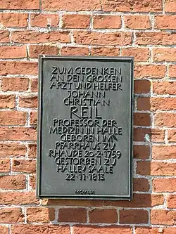 Gedenktafel für Johann Christian Reil in Rhaude am Pfarrhaus