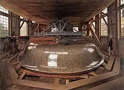 Abbildung der Schleifanlage mit Drehgestell, wobei der Schleifbügel die äußere negative Form der Außenschale hatte (rechts Cantian mit Zylinder)