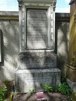 Johann Heinrich Gelzer-Sarasin (1813–1889) Historiker, Diplomat. Michael Gelzer-Sarasin (1916–1999) Diplomat. Grab auf dem Wolfgottesacker, Basel