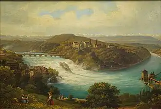 Rheinfall mit Fabriken und der 1855/1856 erbauten Eisenbahnbrücke bei Laufen, um 1870, Heinrich Müller