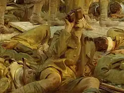 Trinkender Soldat im Vordergrund