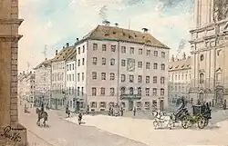 Bierwirtschaft Zum Bauerngirgl, 1840 – vor Errichtung der Feldherrnhalle; links die Residenzstraße