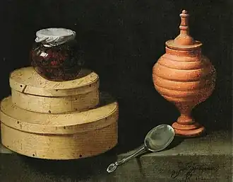 Gemälde „Schachteln und Glas mit Süßigkeiten“ von Juan van der Hamen y León