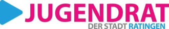 Blaues Dreieck mit abgerundeten Ecken; Rechts daneben: Schriftzug JUGENDRAT (in Magenta); Da drunter: Schriftzug DER STADT (in Grau) RATINGEN (in Blau)