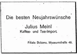 Neujahrswünsche der Fa. Julius Meinl (im Torgglhaus) zum Jahreswechsel 1925/26, Werbeschaltung im Bozener Volksblatt