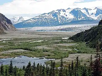 Blick vom Llewellyn Inlet Campground auf die Gletscherzunge; davor der Gletscherrandsee; in der Bildmitte dessen Abfluss zum Llewellyn Inlet