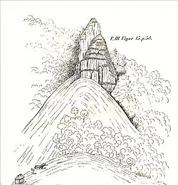 Batu-Susun. Ein 500 Fuß hoher Fels im trachytischen Porphyrgebirge auf dem südwestlichen Rand des Bandung-Plateaus (3. Band, S. 58)