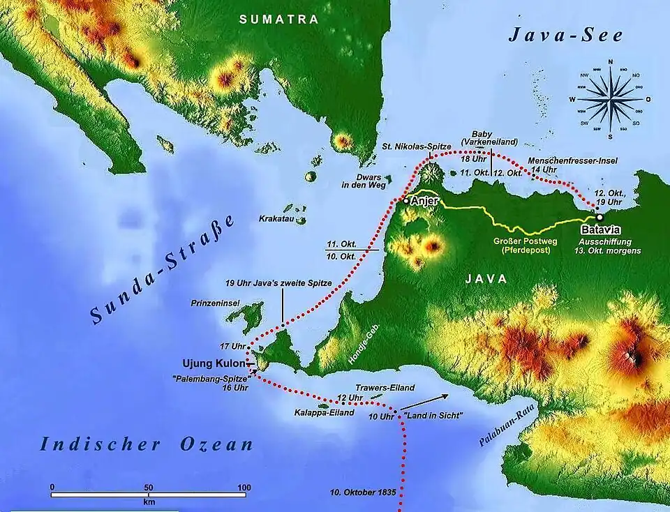 Ankunft der Jacob Cats. Rekonstruiert nach Junghuhns Werk Topographische und naturwissenschaftliche Reisen durch Java.
