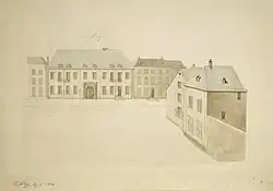 Aquarellzeichnung zeigt rechtwinklig zueinander angeordnete, zweistöcke Gebäude mit Walmdächern. Die Gebäude stehen ohne städtebaulichen Kontext auf dem ansonsten leeren Papier