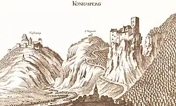 Topographie von Kunšperk (Königsberg) und Cesargrad (Kaiserberg) von Andreas Trost von 1681.