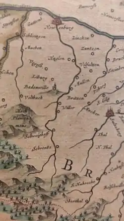 Karten-Ausschnitt[25] von Gerhard Mercator, vmtl. um 1630 (K.bach unterhalb Rhein)