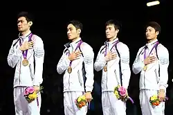 Die Goldmannschaft im Säbelfechten 2012 (v.&nbsp;l.&nbsp;n.&nbsp;r.): Gu Bon-gil, Kim Jung-hwan, Won Woo-young und Oh Eun-seok