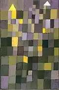 Paul Klee: Architektur, 1923. Klee verwendet den eher ausgefallenen Komplementärkontrast Gelb – Violett. Die vielfältigen Mischungen vermitteln und verbinden.