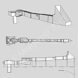 Isometrische Darstellung, Grundriss und Schnittzeichnung des Grabes