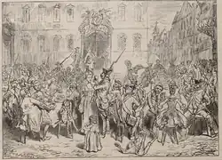 Satirische Darstellung des Regiments während des Kaffeelärms 1781 in den Fliegenden Blättern 1878.