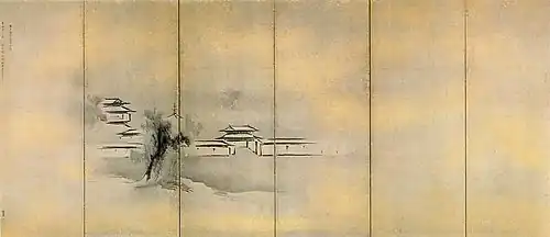 Landschaft mit Pavillons. Linker Stellschirm