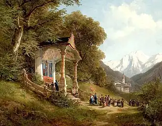 Leopold Munsch: Prozessionszug bei der Waldkapelle in der Ramsau bei Berchtesgaden (Pfarrkirche St. Sebastian im Hintergrund; vor/um 1888)