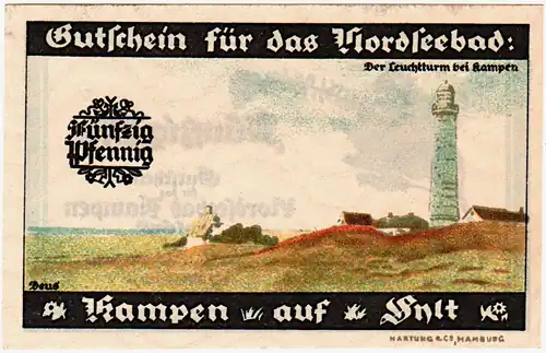 Der Leuchtturm Kampen auf einem Notgeldschein aus Kampen von 1921