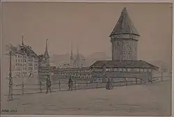 Kapellbrücke mit abgeknicktem Südende (nach der letzten Aufschüttung von 1838)