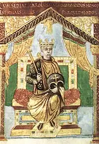 Karl der Kahle, Illustration aus einer Handschrift, die für ihn selbst zwischen 842 und 869 von Liuthard in goldener Unzialschrift verfasst worden ist