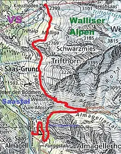 Verlauf des Wegs (rot).