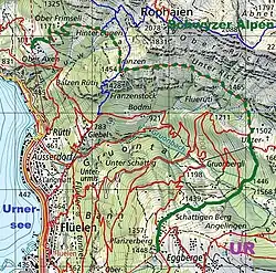 Wegverlauf (grün); gestrichelt: Wintersperre.