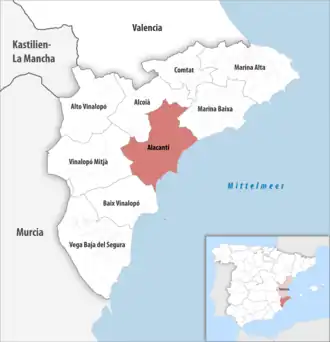Die Lage der Comarca Alacantí in der Provinz Alicante