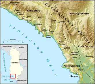 Topographische Karte der Albanischen Riviera mit Ceraunischem Gebirge