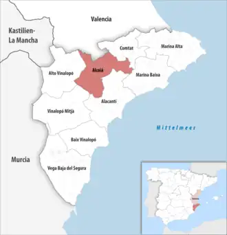 Die Lage der Comarca Alcoià in der Provinz Alicante