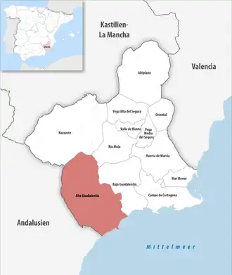 Die Lage der Comarca Alto Guadalentín in der autonomen Gemeinschaft Murcia