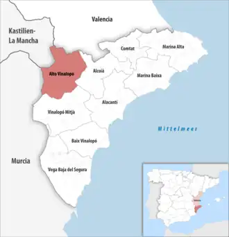 Die Lage der Comarca Alto Vinalopó in der Provinz Alicante