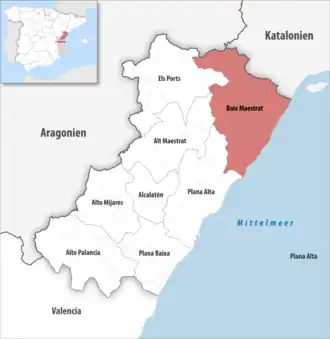Die Lage der Comarca Baix Maestrat in der Provinz Castellón