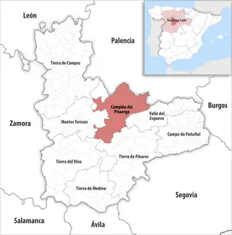 Die Lage der Comarca Campiña del Pisuerga in der Provinz Valladolid