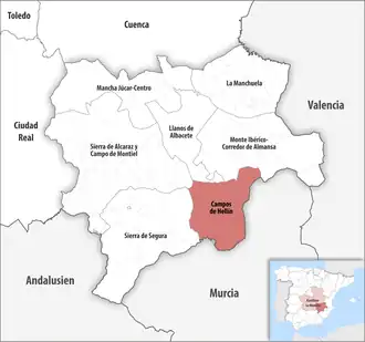 Die Lage der Comarca Campos de Hellín in der Provinz Albacete