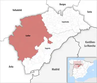 Die Lage der Comarca Cuéllar in der Provinz Segovia