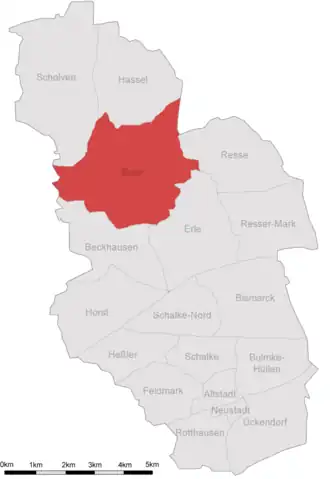 Karte von Gelsenkirchen, in der Buer rot markiert ist.