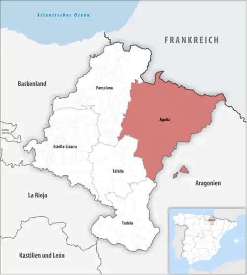 Die Lage des Gerichtsbezirk Agoitz in der autonomen Gemeinschaft Navarra