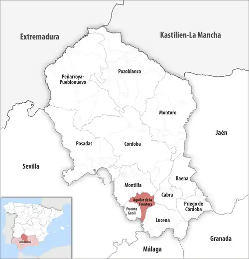 Die Lage des Gerichtsbezirk Aguilar de la Frontera in der Provinz&nbsp;Córdoba