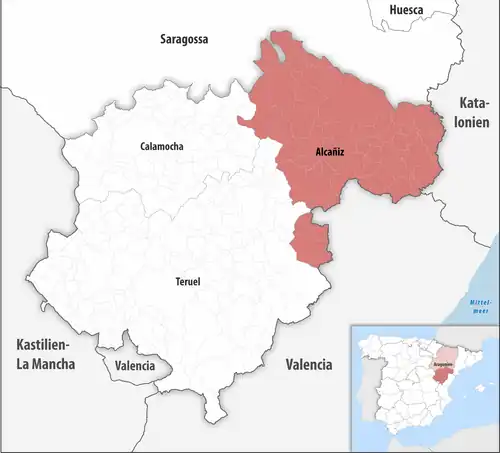 Die Lage des Gerichtsbezirk Alcañiz in der Provinz&nbsp;Teruel