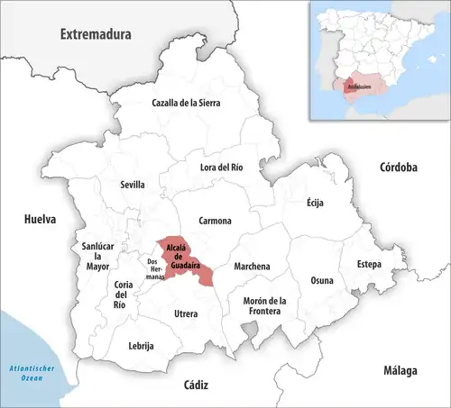Die Lage des Gerichtsbezirk Alcalá de Guadaíra in der Provinz&nbsp;Sevilla