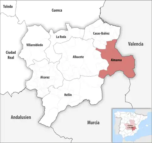 Die Lage des Gerichtsbezirk Almansa in der Provinz&nbsp;Albacete