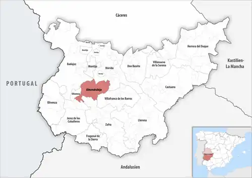 Die Lage des Gerichtsbezirk Almendralejo in der Provinz&nbsp;Badajoz