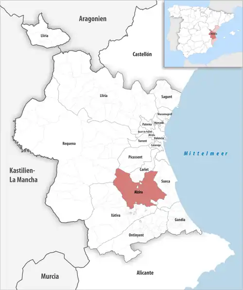 Die Lage des Gerichtsbezirk Alzira in der Provinz&nbsp;Valencia