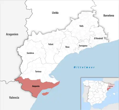 Die Lage des Gerichtsbezirk Amposta in der Provinz&nbsp;Tarragona