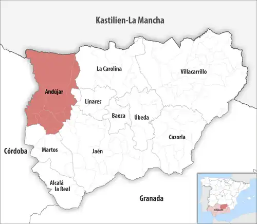 Die Lage des Gerichtsbezirk Andújar in der Provinz Jaén