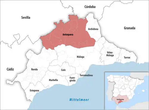 Die Lage des Gerichtsbezirk Antequera in der Provinz&nbsp;Málaga