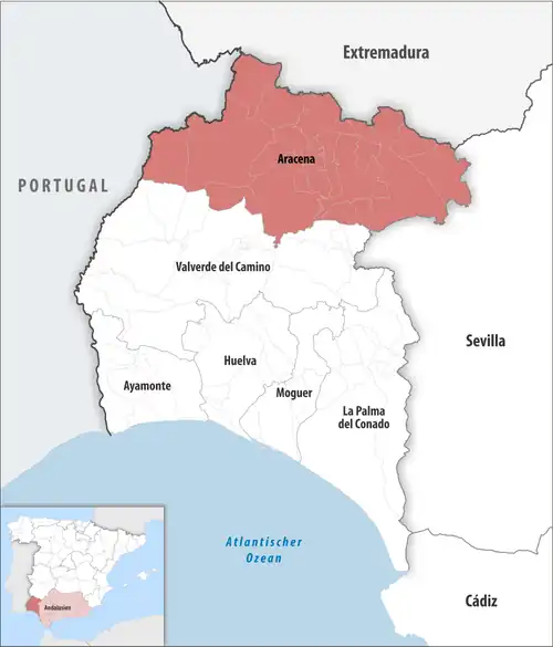 Die Lage des Gerichtsbezirk Aracena in der Provinz&nbsp;Huelva