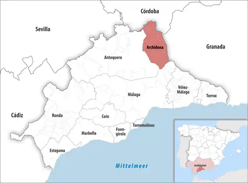 Die Lage des Gerichtsbezirk Archidona in der Provinz&nbsp;Málaga