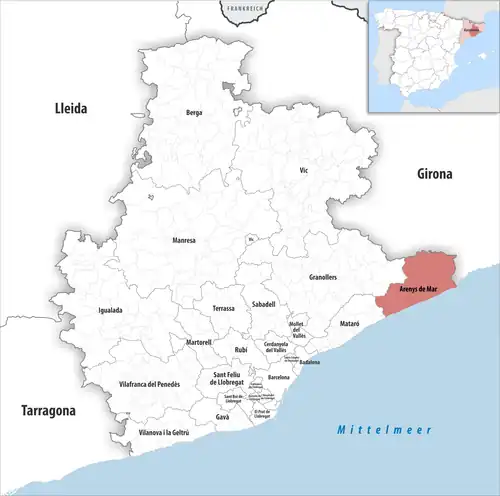 Die Lage des Gerichtsbezirk Arenys de Mar in der Provinz&nbsp;Barcelona