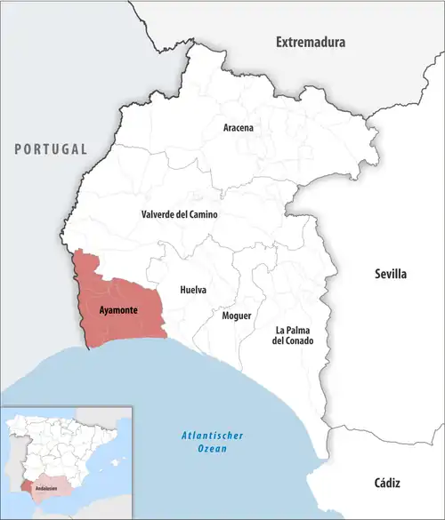 Die Lage des Gerichtsbezirk Ayamonte in der Provinz Huelva